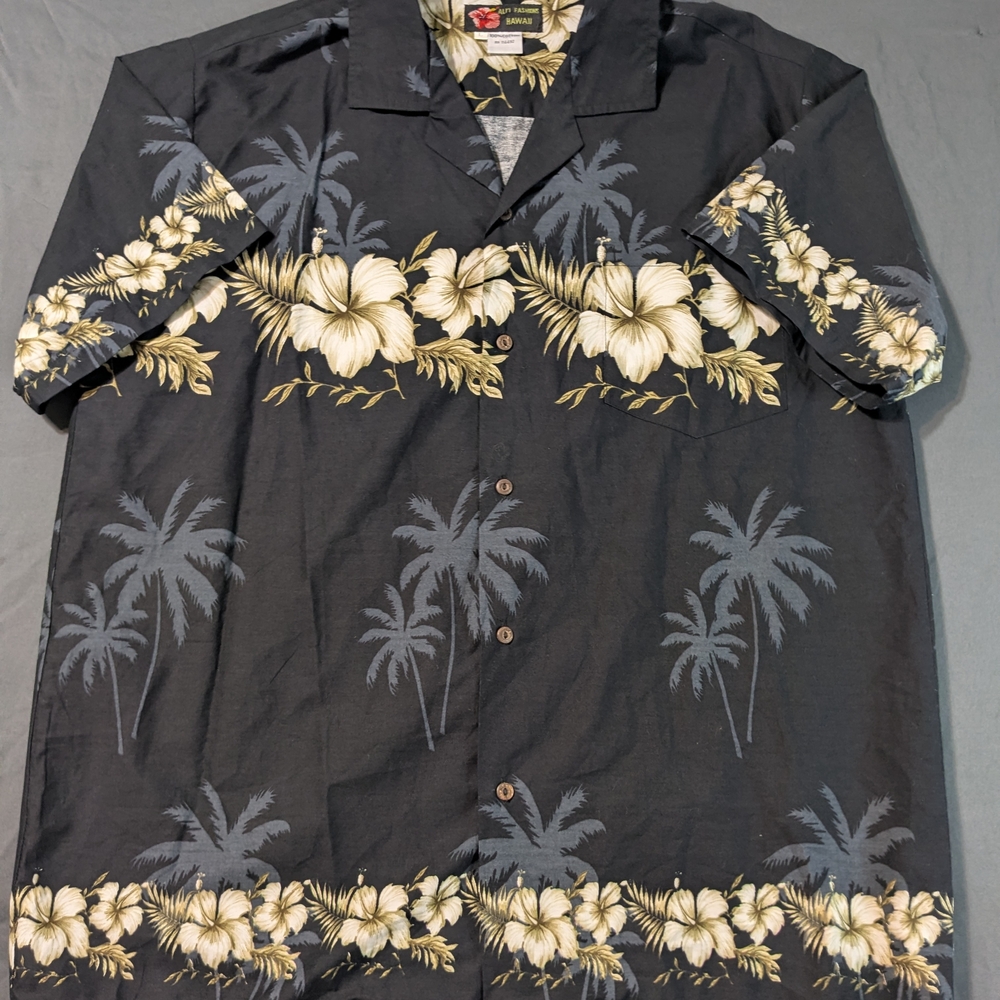 Ali'i Fashions Hawaii Mens Large Black Hibiscus Palm Tree Aloha Camp Shirt L